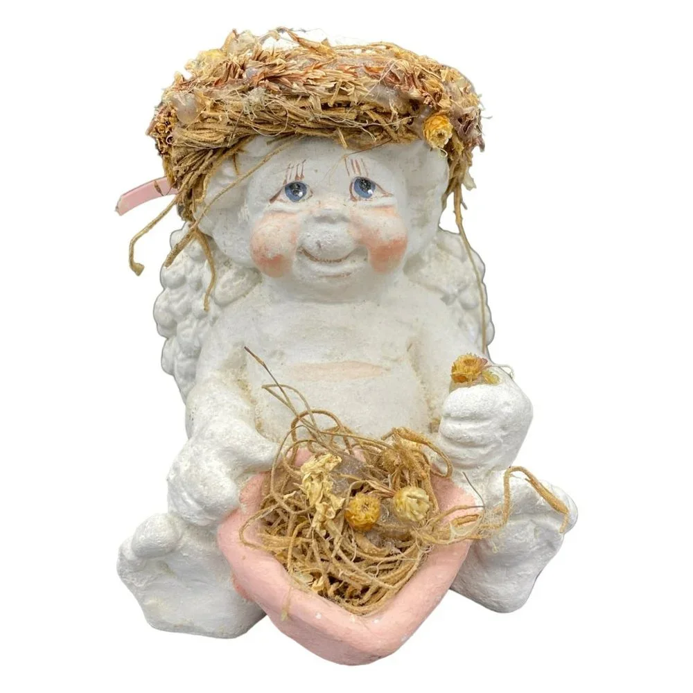 Vintage Dreamsicles Sitting Cherub Figurine Kristin Signed Cast Art Stone Angel
